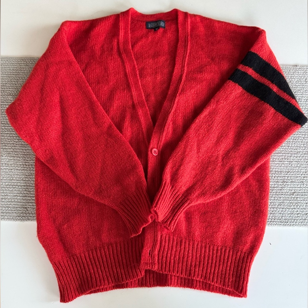 Vintage Lands’ End Red Orange Black Striped V Neck Wool Cardigan Sweater Sz M